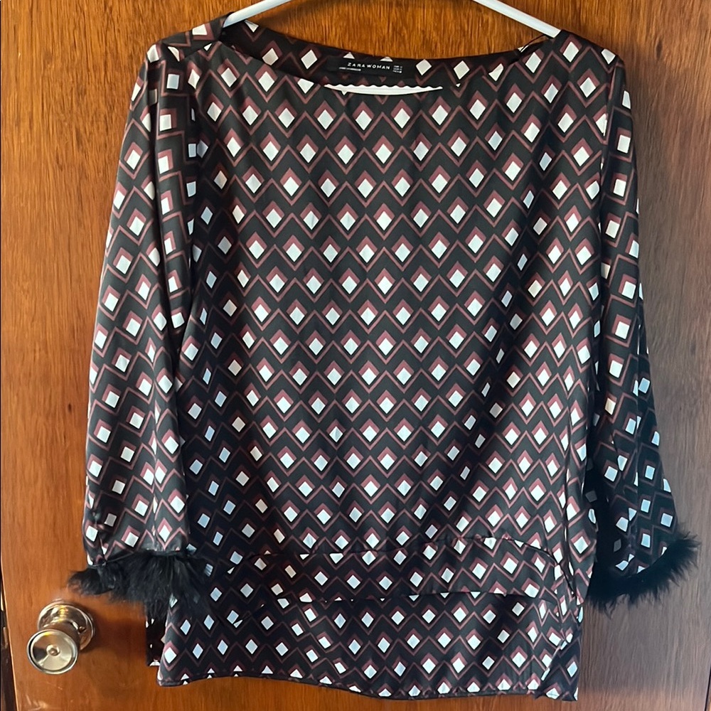 Zara Woman Geometric Top with Feather Trim
